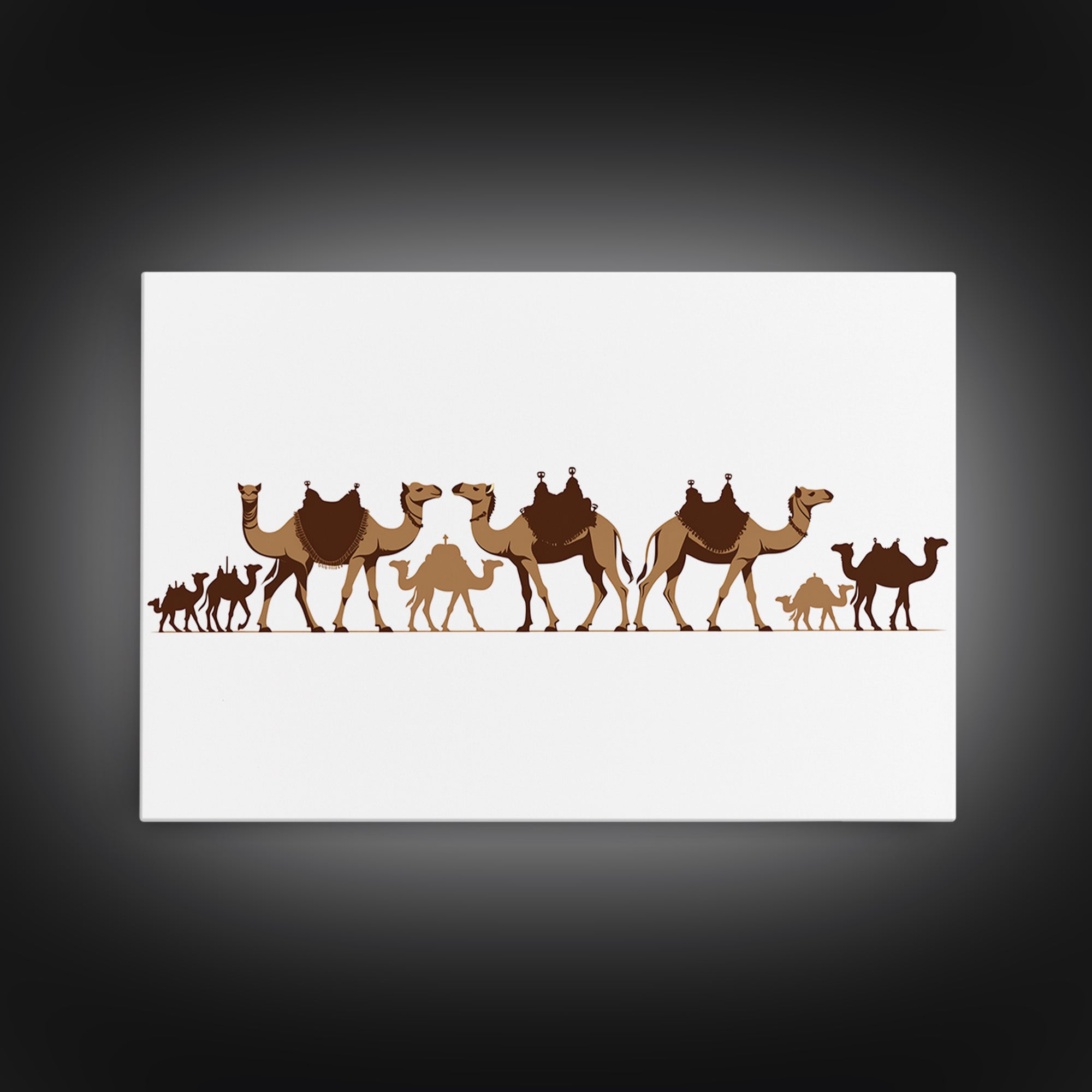 Minimal Camel Caravan Silhouette On White, Framed Canvas Print, African Desert Wall Decor, Neutral Safari Art Gift For Living Room