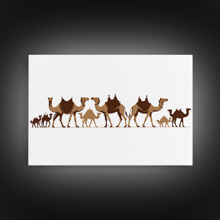 Minimal Camel Caravan Silhouette On White, Framed Canvas Print, African Desert Wall Decor, Neutral Safari Art Gift For Living Room