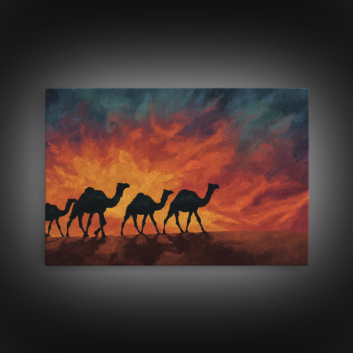 Fiery Sunset Camel Caravan Silhouettes, Canvas Print, African Safari Wall Art, Burnt Orange Desert Decor For Living Room