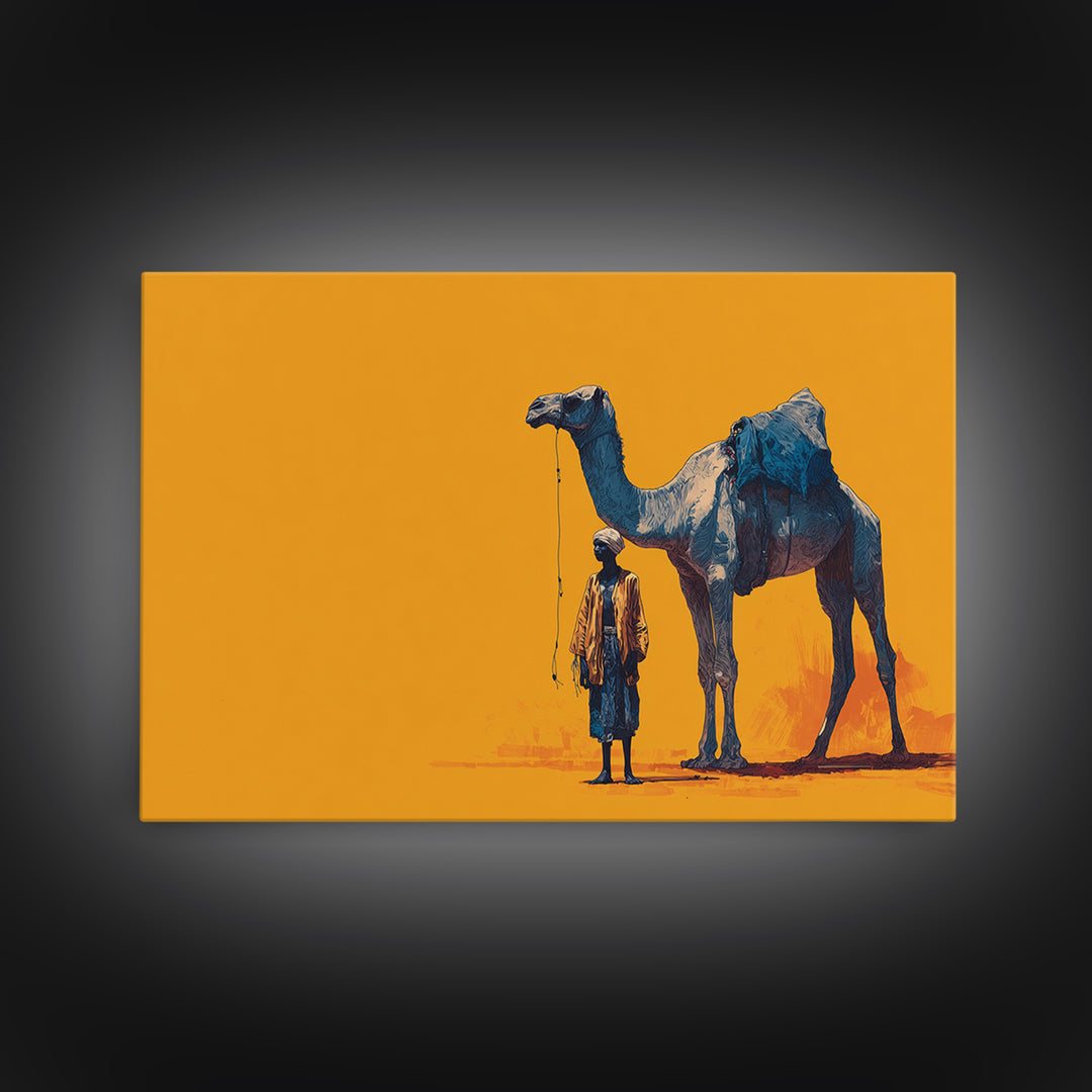 Blue Camel And Tuareg Traveler On Orange, African Wall Art, Minimalist Desert Portrait, Unique Canvas Gift For Him, Home Decor