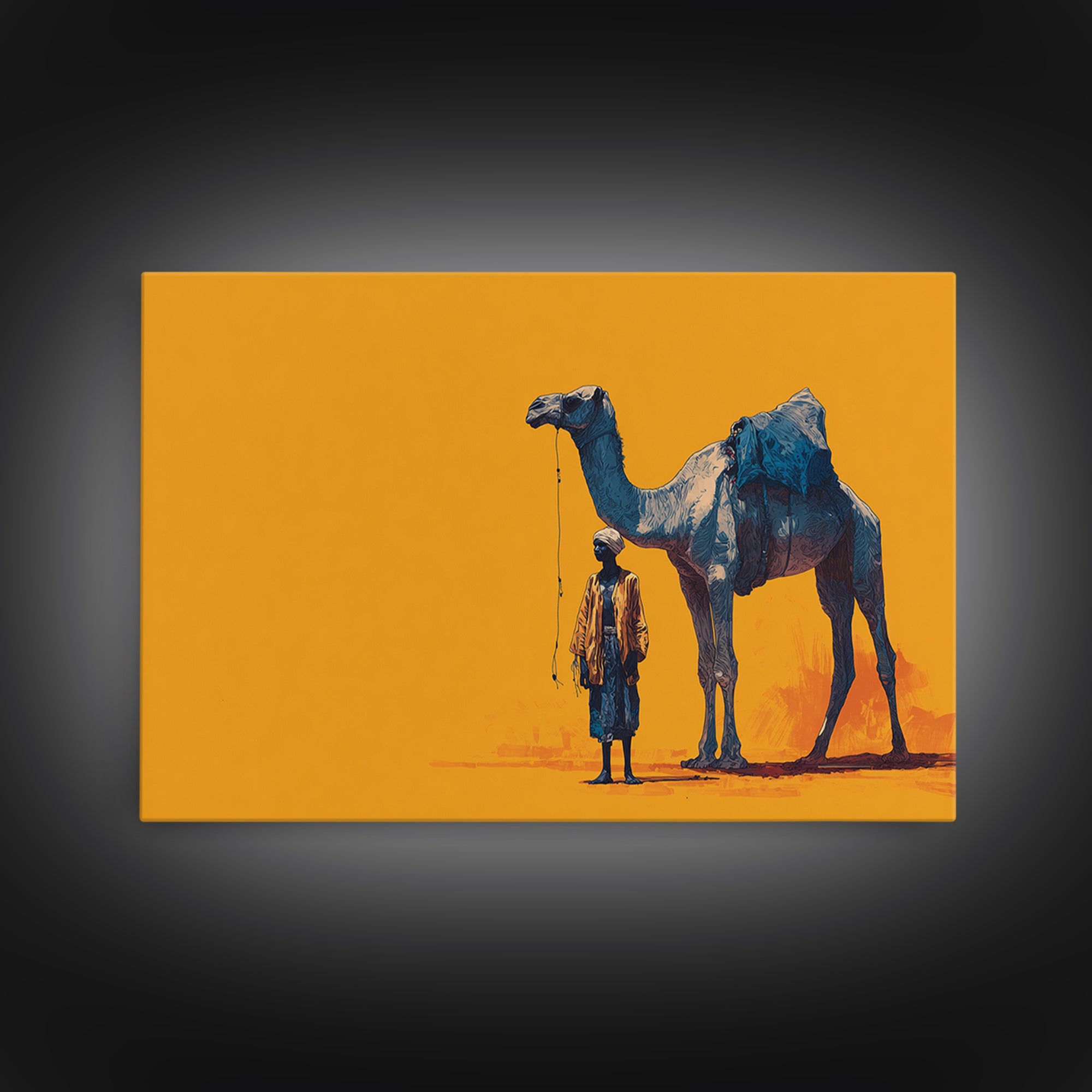 Blue Camel And Tuareg Traveler On Orange, African Wall Art, Minimalist Desert Portrait, Unique Canvas Gift For Him, Home Decor