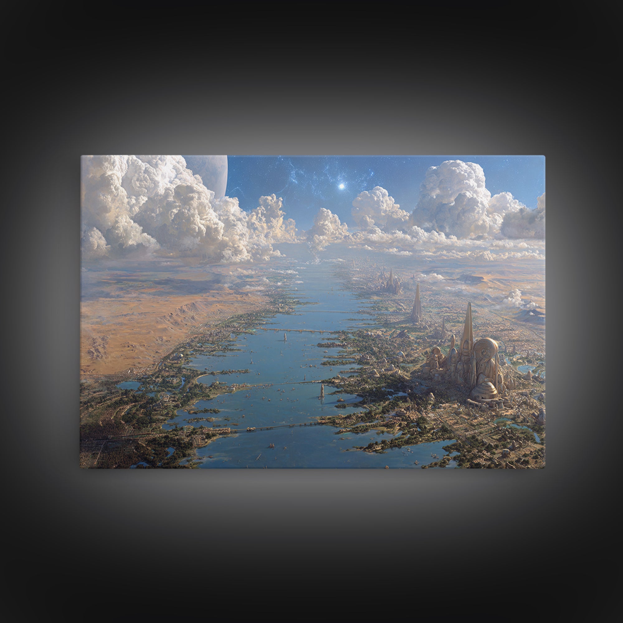 Futuristic Nile River City Canvas Print, African Landscape Sci Fi Wall Decor, Dreamy Blue Desert Skyline Home Decor Art Gift