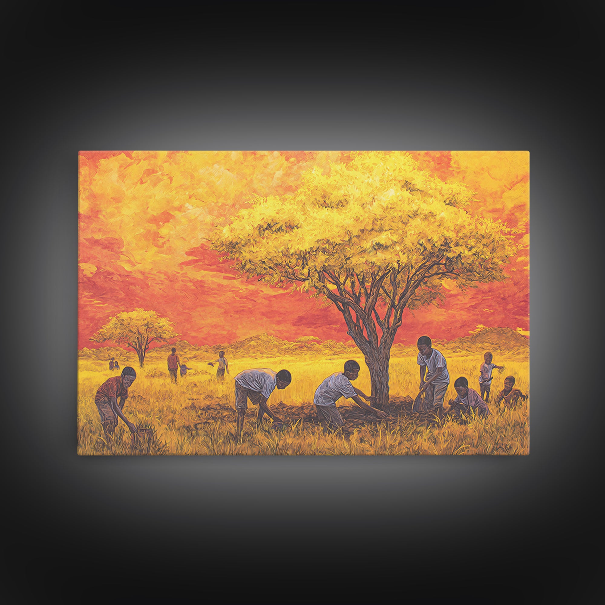 Golden Acacia Tree Planting Wall Art, African Children Landscape, Cultural Safari Decor Canvas For Living Room Home Decor Gift