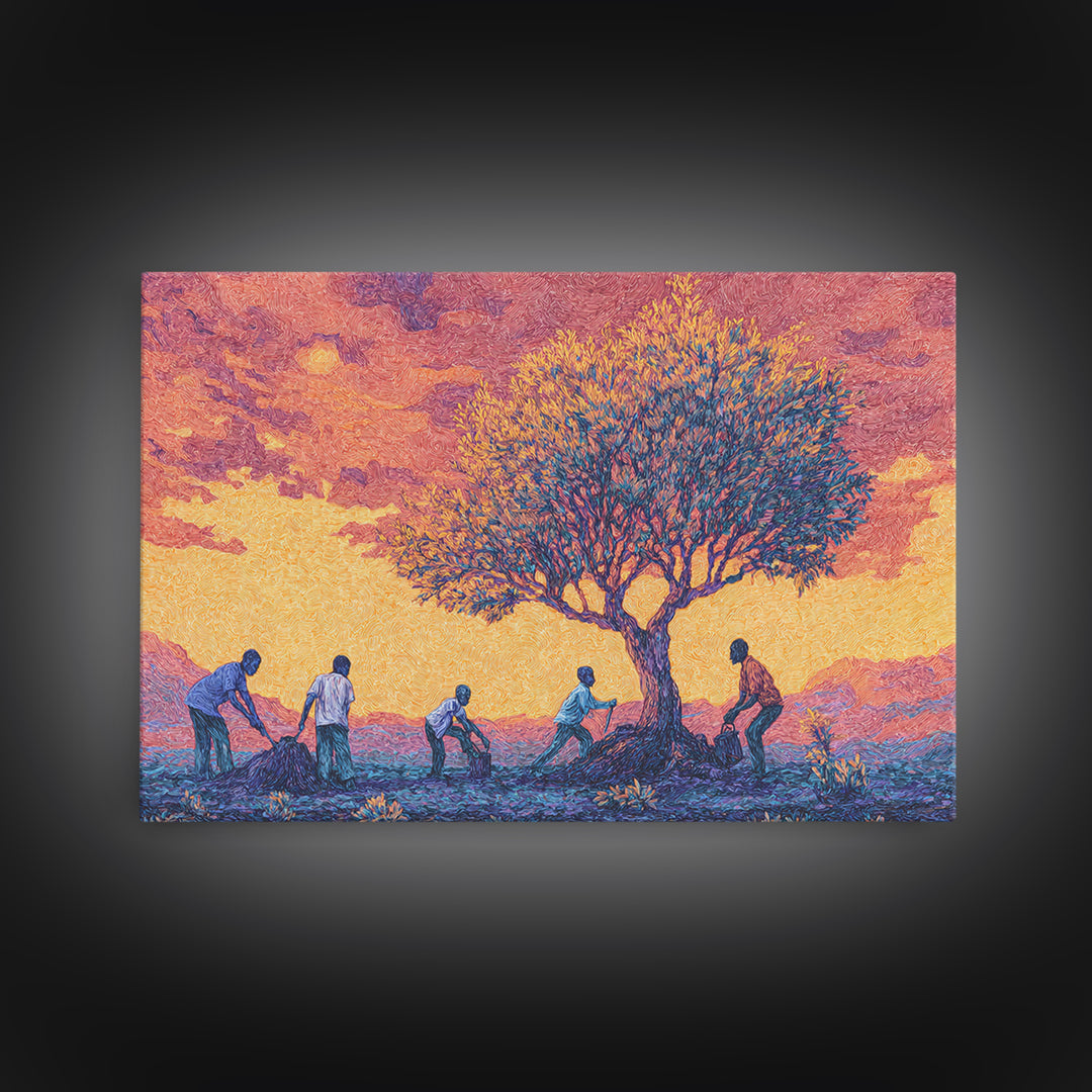 Sunset Acacia Harvest Framed Canvas Print, African Landscape Wall Art, Warm Orange Cultural Safari Decor For Home And Office