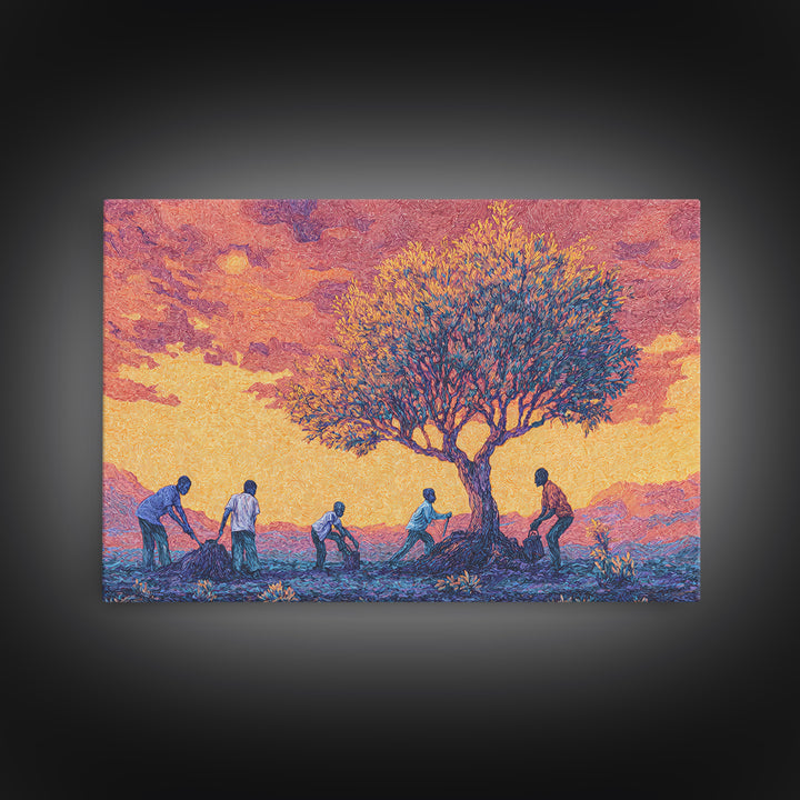 Sunset Acacia Harvest Framed Canvas Print, African Landscape Wall Art, Warm Orange Cultural Safari Decor For Home And Office