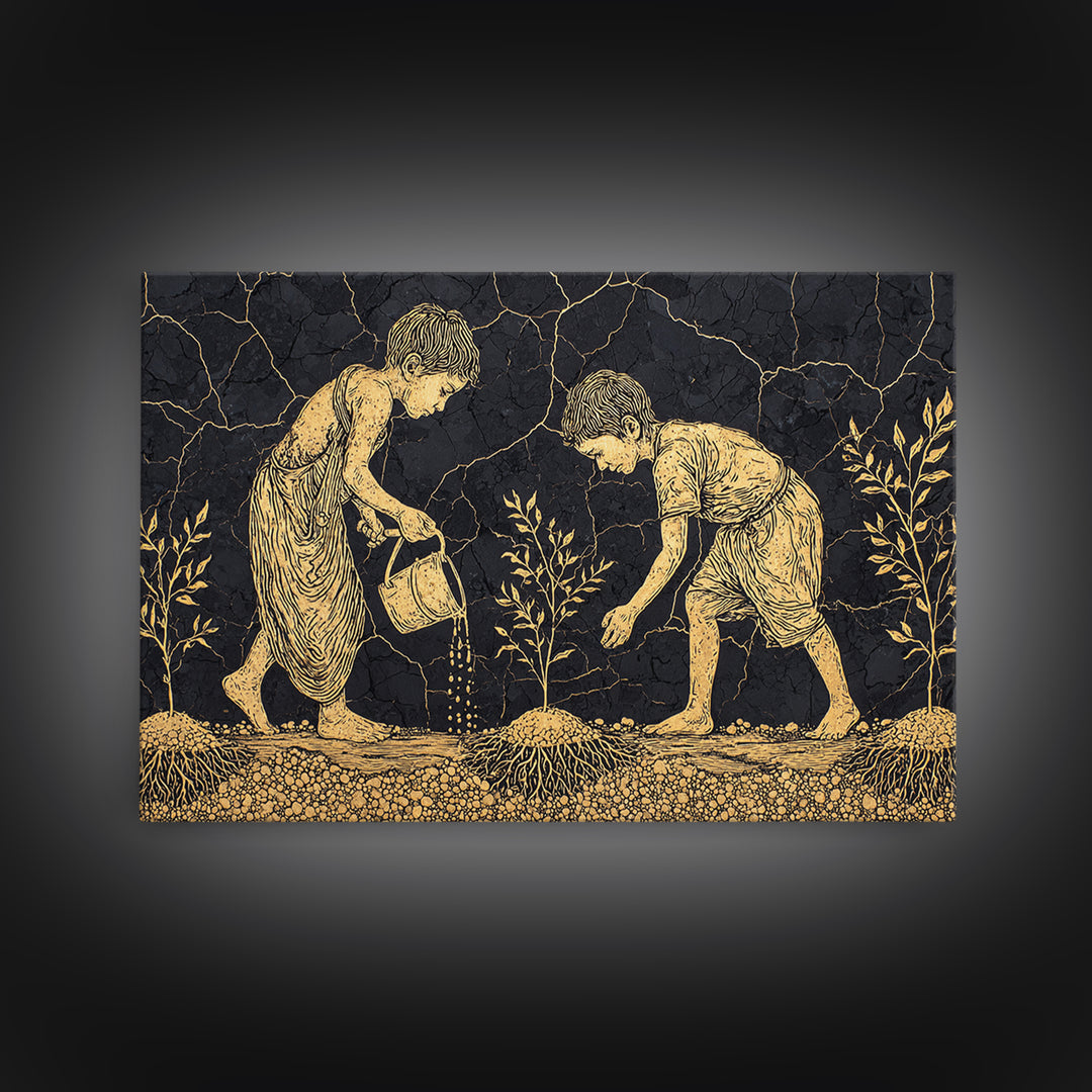 Gold Etched Children Planting Canvas Print, African Culture Art, Black And Gold Farm Scene Wall Decor For Meaningful Gift