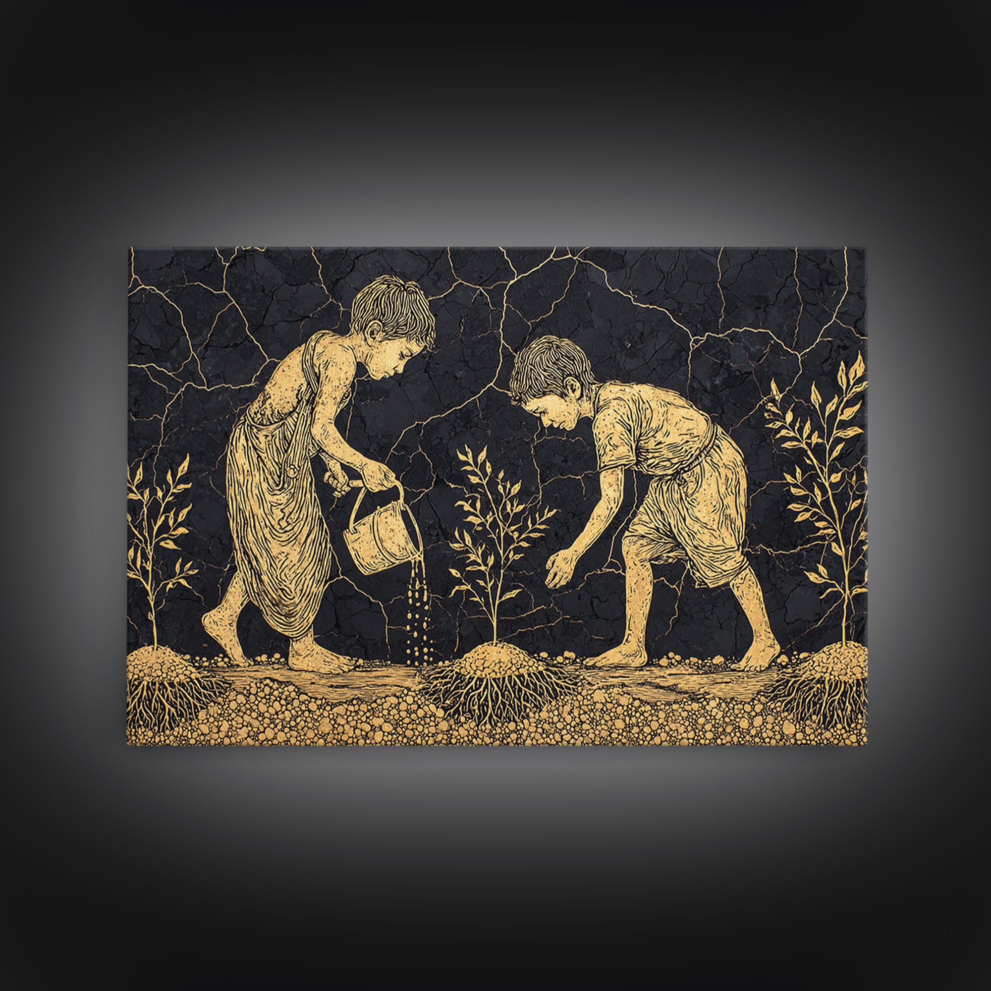 Gold Etched Children Planting Canvas Print, African Culture Art, Black And Gold Farm Scene Wall Decor For Meaningful Gift