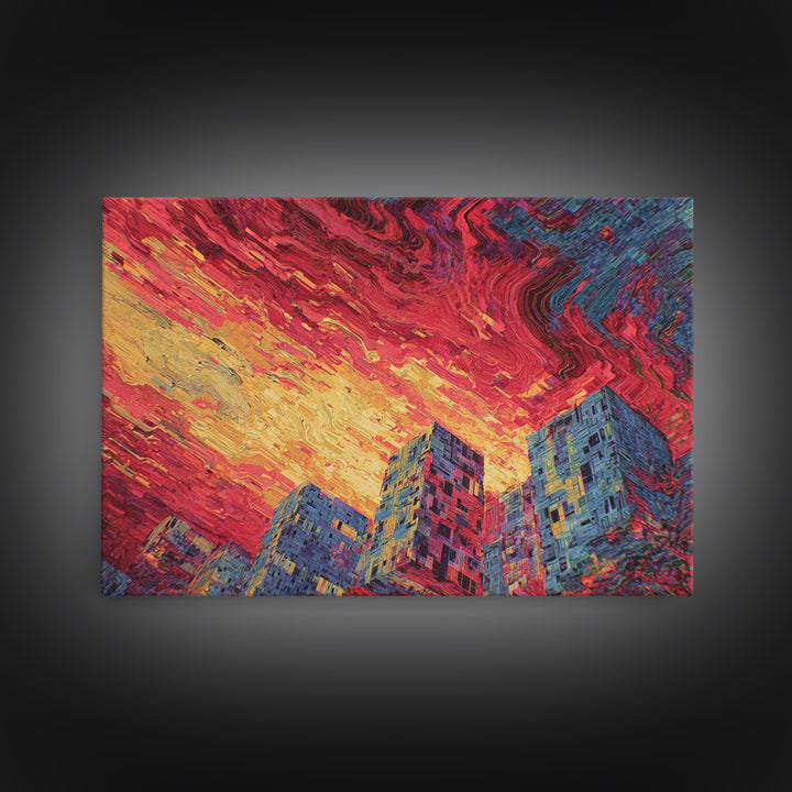 Fiery City Skyline Canvas Print, Modern Urban Wall Art, Bold Red Sunset Architecture Decor For Office Living Room Statement Decor