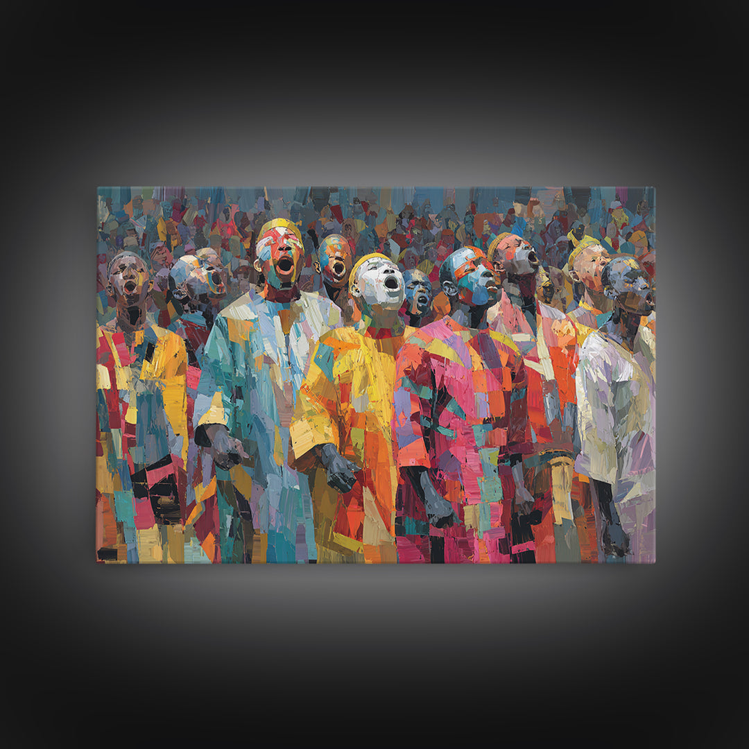 Colorful African Masked Choir Wall Art, Festival Procession Painting, Afrocentric Culture Decor, Bold Gallery Canvas Print