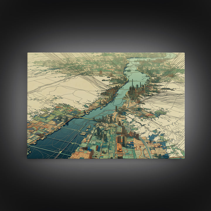 Aerial River City Map Canvas Print, Modern African Travel Inspired Wall Art, Teal Urban Landscape, Statement Office Decor Gift