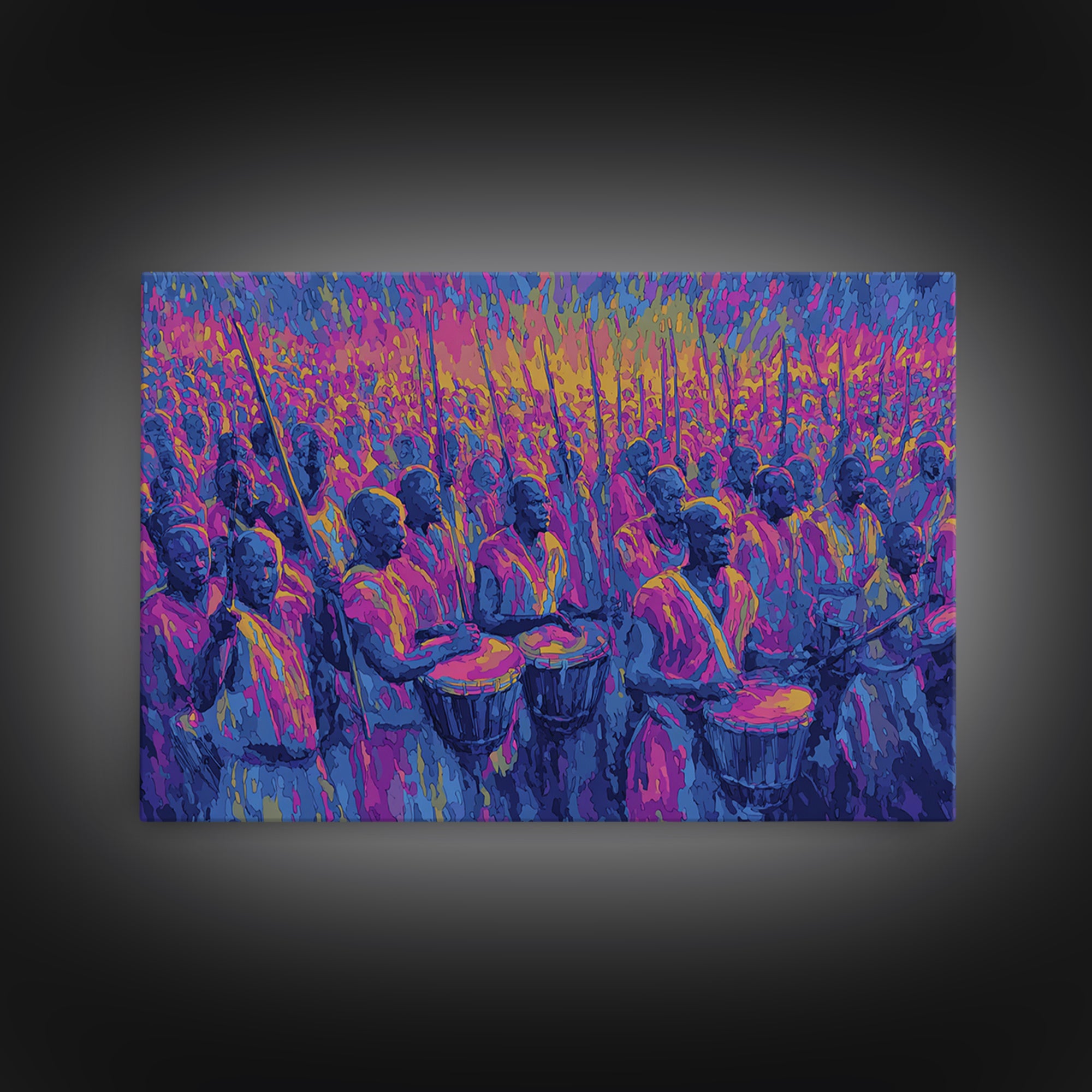 Neon African Drumming Festival Wall Art, Colorful Celebration Painting, Afrocentric Music Decor, Vibrant Living Room Canvas Print