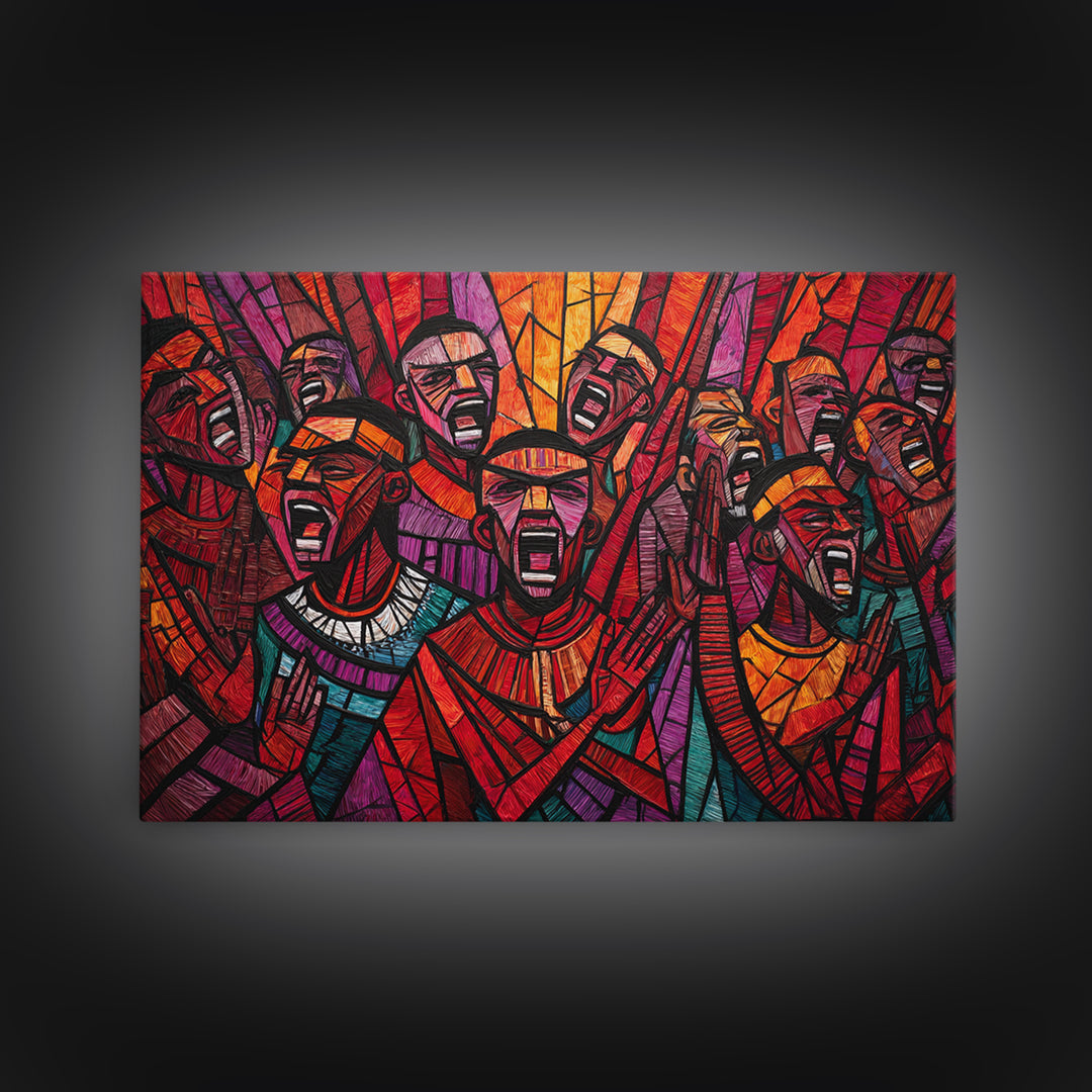 Stained Glass African Choir Wall Art, Bold Red Tribal Celebration Painting, Black Culture Decor, Expressive Canvas Print