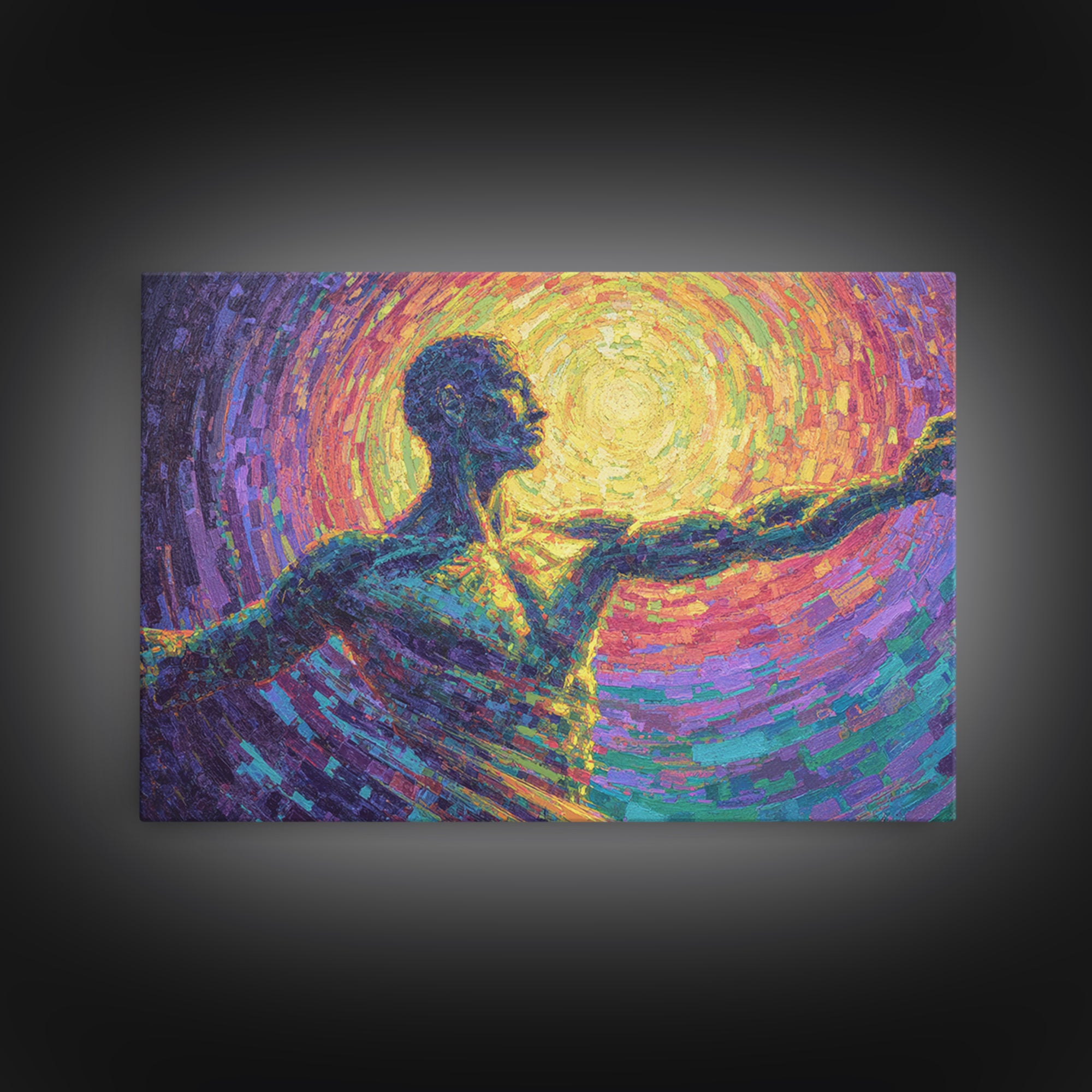 Radiant African Dancer Silhouette Canvas Print, Spiritual Abstract Wall Art, Colorful Black Figure, Meditation Room Decor