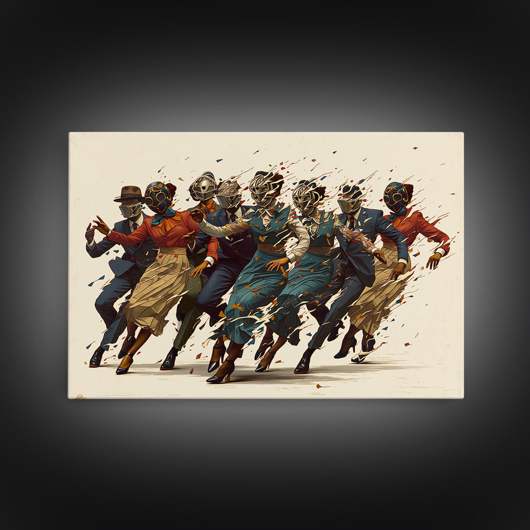 Masked African Jazz Dancers Canvas Print, Afrofuturism Fashion Wall Art, Stylish Black Culture Decor, Unique Home Decor Gift