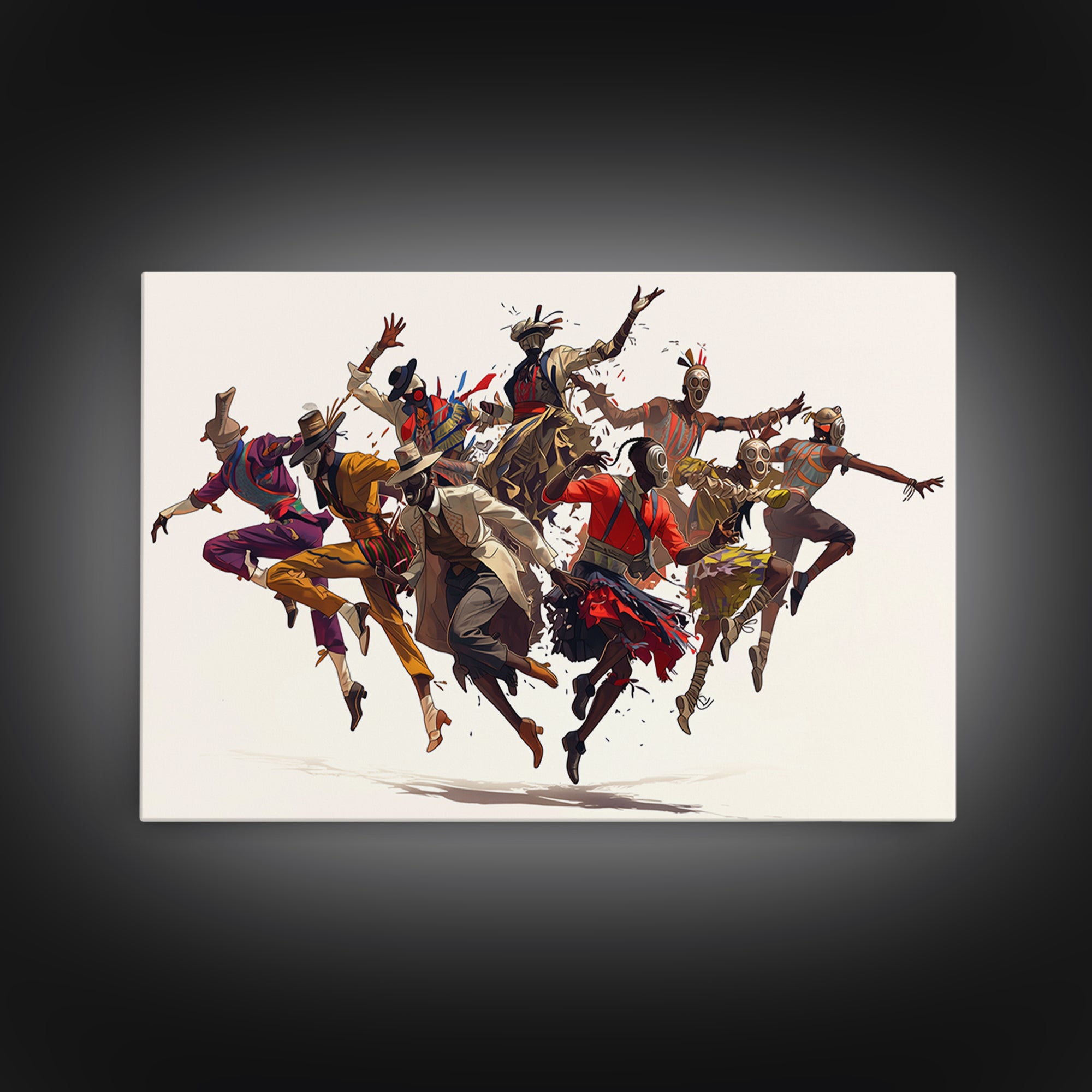 Joyful African Tribal Dancers Wall Art, Dynamic Masquerade Celebration Painting, Afrocentric Decor, Vibrant Canvas Print Gift
