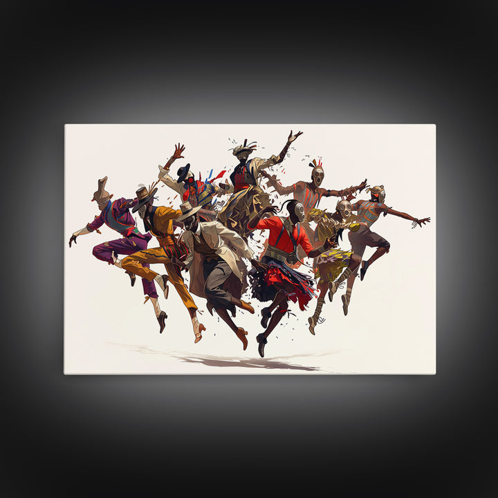 Joyful African Tribal Dancers Wall Art, Dynamic Masquerade Celebration Painting, Afrocentric Decor, Vibrant Canvas Print Gift