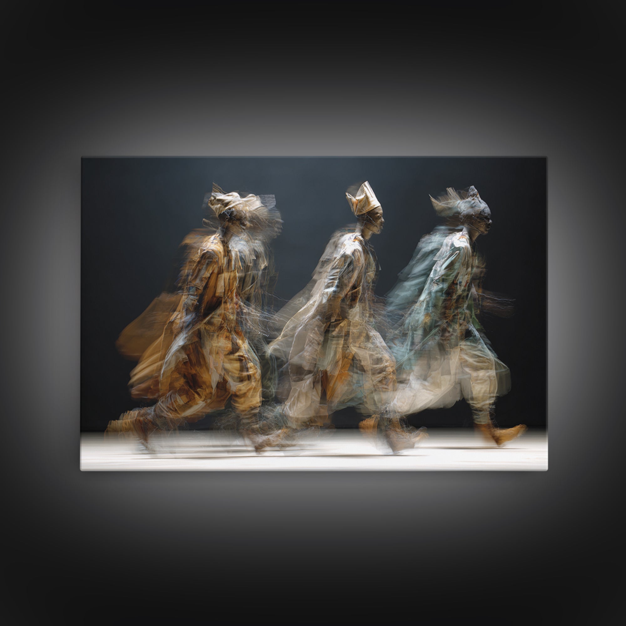 Blurred African Spirit Walkers Framed Canvas Print, Modern Afrocentric Wall Art, Ethnic Home Decor, Dreamy Motion Painting