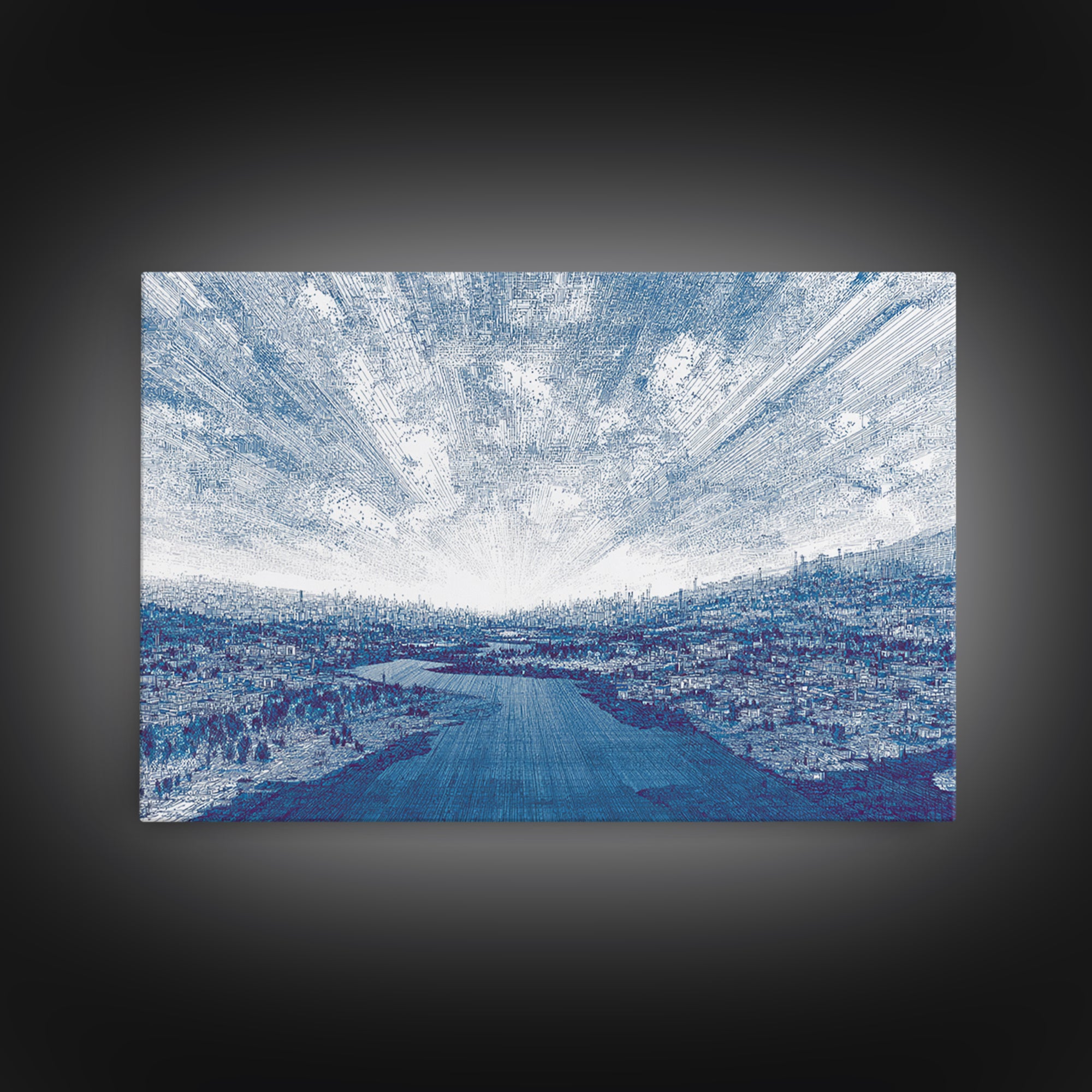 Blue River City Skyline Wall Art, Abstract Landscape Canvas Print, Modern Office Decor, Coastal Urban Artwork In Cool Tones