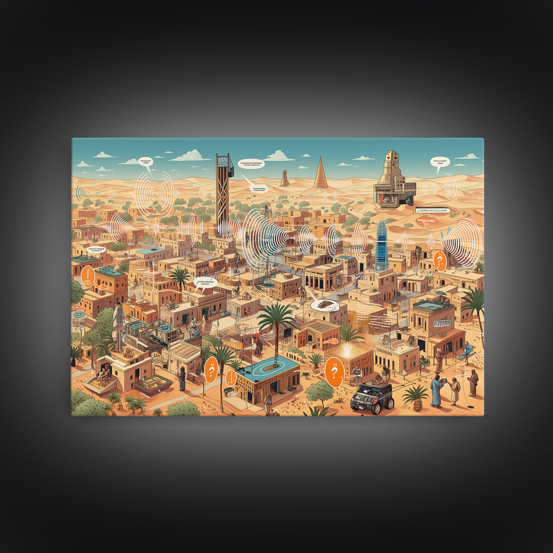 Afrofuturist Desert City With Radio Signals Wall Art, African Landscape, Modern Canvas Art, Tech Inspired Office Decor Print