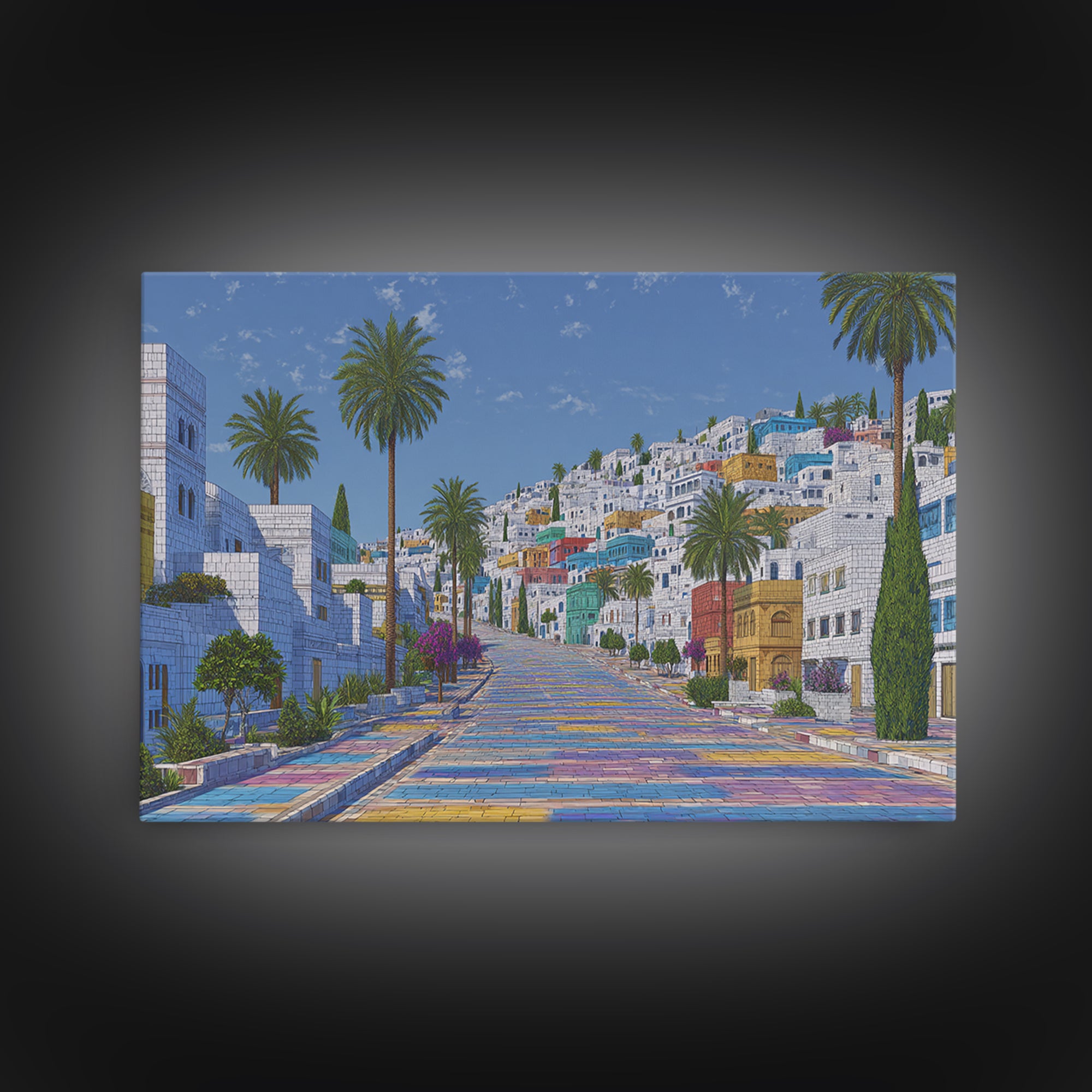 Sunny White Hillside Street With Rainbow Steps Canvas Print, Morocco Africa Travel Poster, Blue Palm Tree Wall Decor Art