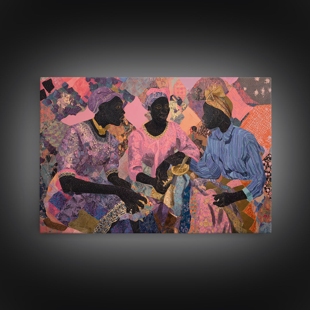 Three African Women Sharing Tea Framed Canvas Print, Textile Art, African Fabric, Black Women Art, Cultural Home Decor Gift