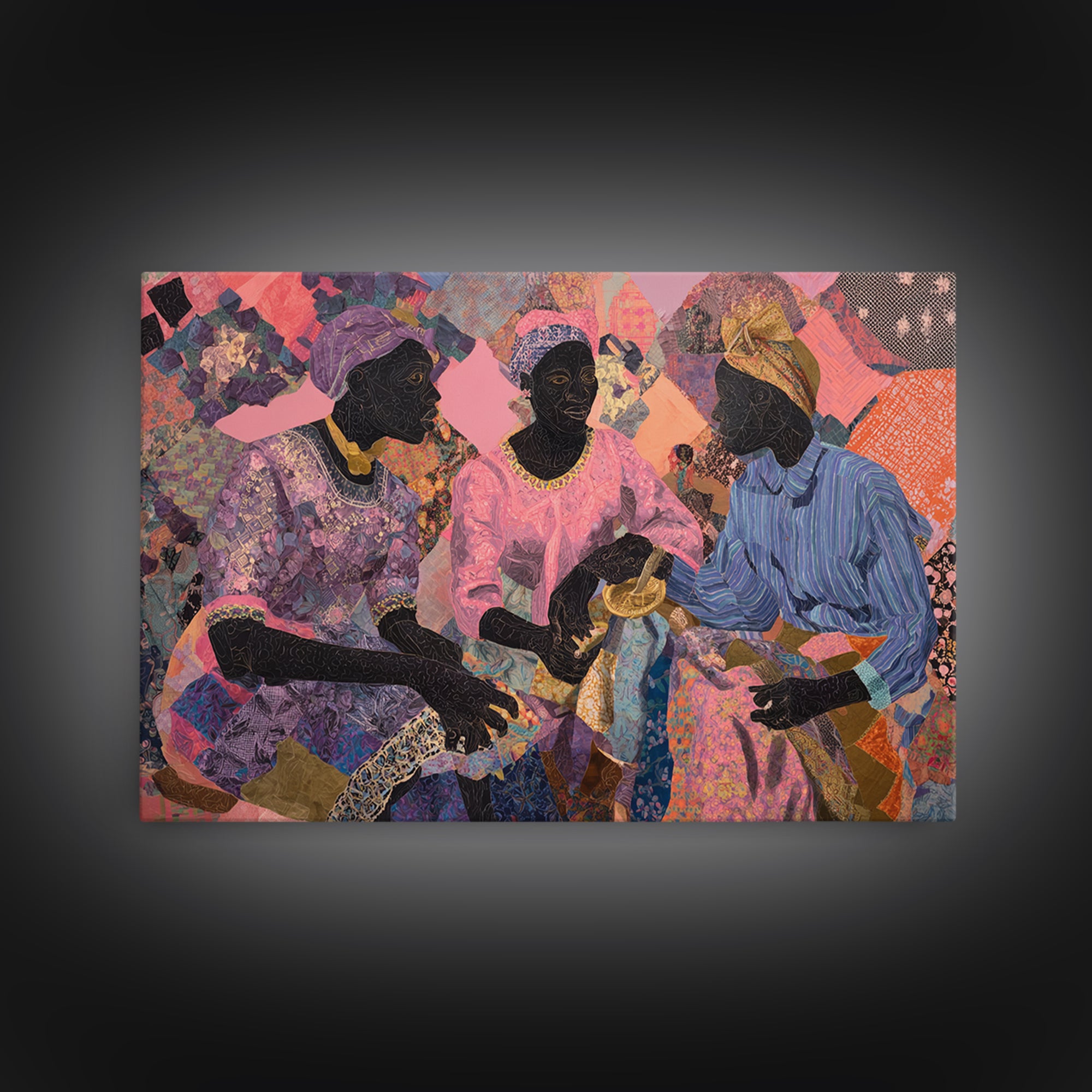 Three African Women Sharing Tea Framed Canvas Print, Textile Art, African Fabric, Black Women Art, Cultural Home Decor Gift
