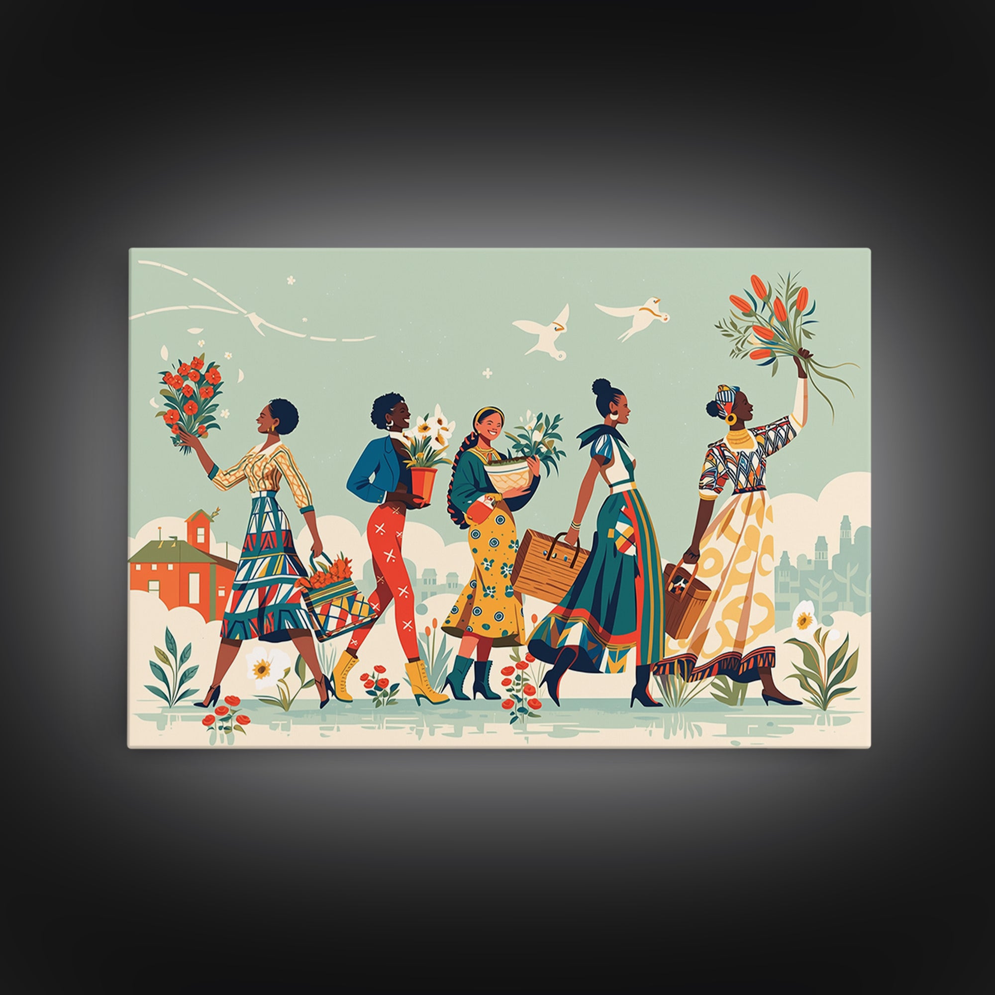 Joyful African Women Carrying Flowers Wall Art, Feminine Wall Decor, Ankara Inspired Print, Black Girl Magic Home Decor Gift