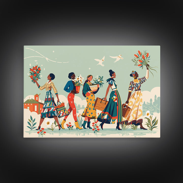 Joyful African Women Carrying Flowers Wall Art, Feminine Wall Decor, Ankara Inspired Print, Black Girl Magic Home Decor Gift