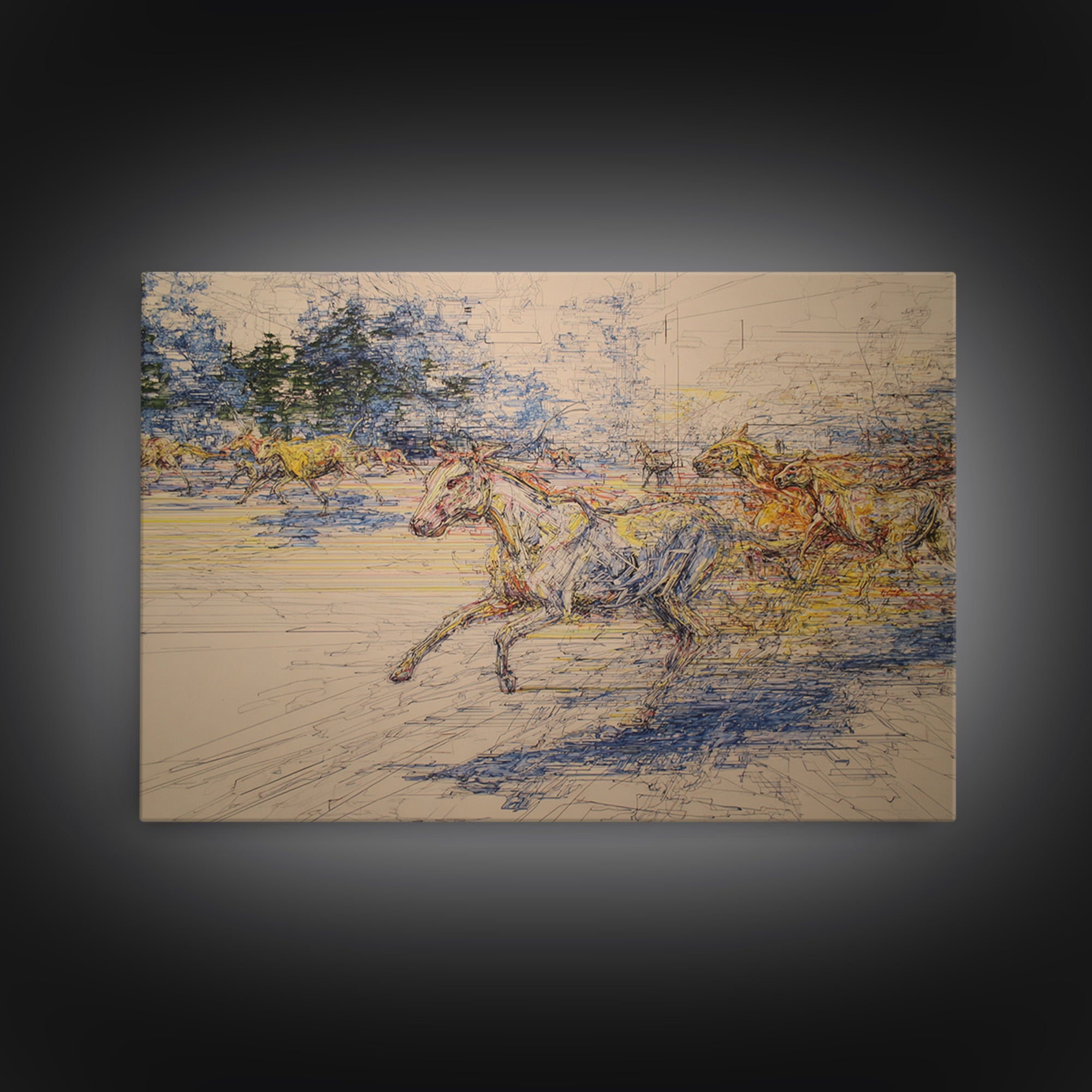 Galloping Horses In Dynamic Sketch Canvas Print, Abstract Painting, Statement Modern Wall Decor, Rustic Living Room Art Gift