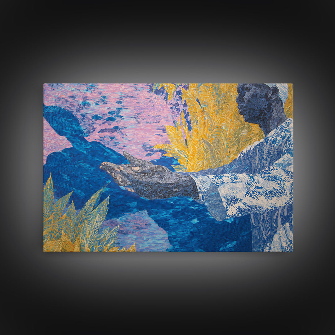 Blue Gold Figure With Open Hands Framed Canvas Print, Black Man Wall Art, Spiritual Wall Decor, African Inspired Home Decor Gift