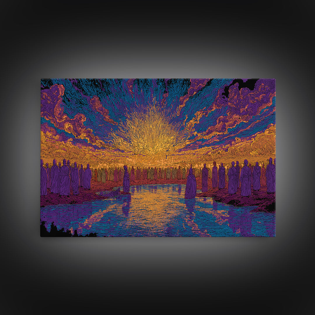 Vibrant Sunset Gathering By Water Wall Art, Mystical Wall Art, Spiritual Decor, Colorful African Art Print Large Canvas Gift