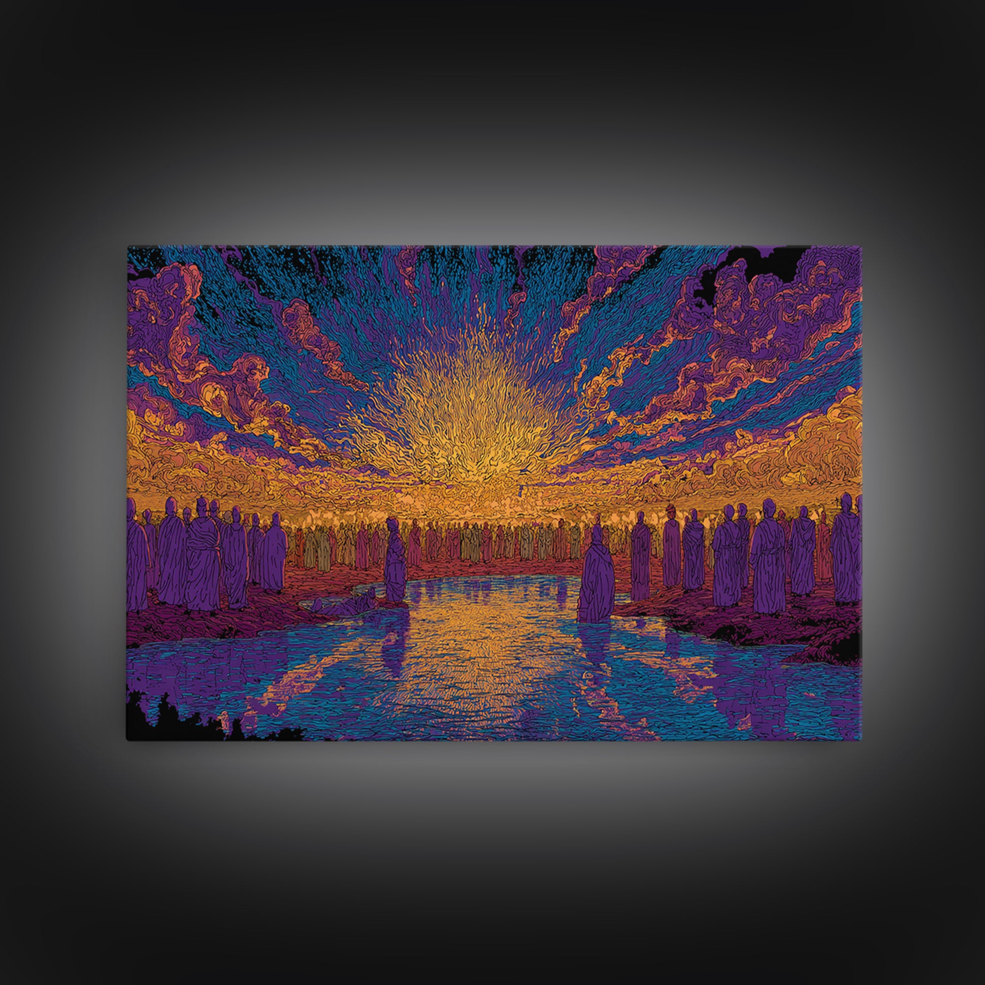 Vibrant Sunset Gathering By Water Wall Art, Mystical Wall Art, Spiritual Decor, Colorful African Art Print Large Canvas Gift