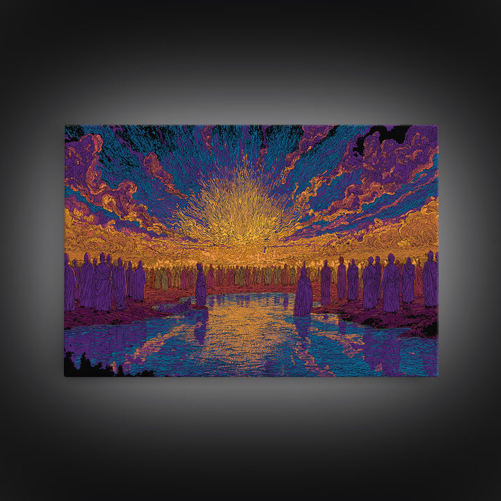 Vibrant Sunset Gathering By Water Wall Art, Mystical Wall Art, Spiritual Decor, Colorful African Art Print Large Canvas Gift