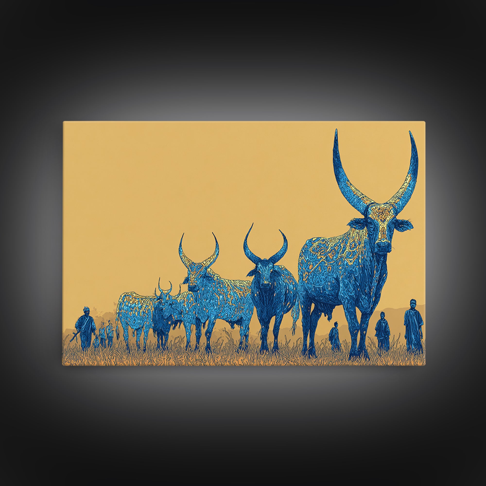 Blue Ornate Ankole Cattle Herd Canvas Print, African Safari Art, Tribal Animal Decor, Golden Savanna Statement Wall Art Print