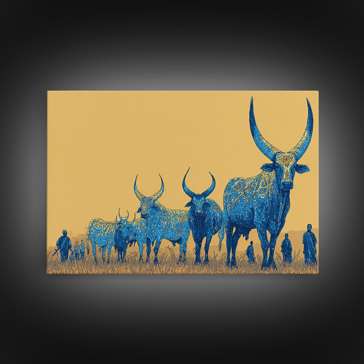 Blue Ornate Ankole Cattle Herd Canvas Print, African Safari Art, Tribal Animal Decor, Golden Savanna Statement Wall Art Print