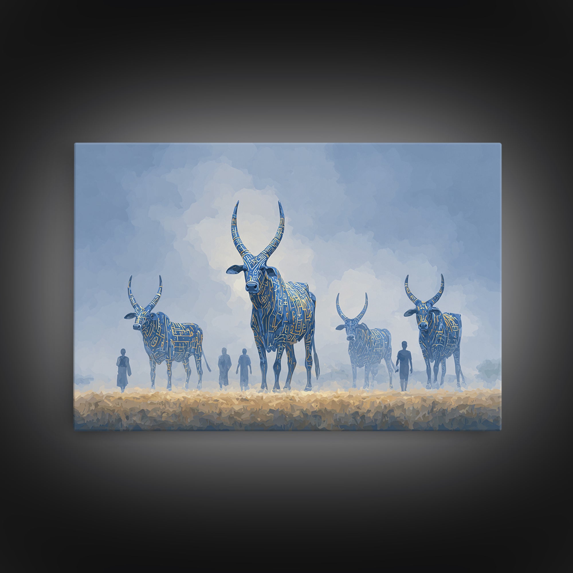 Misty Blue Ankole Cattle In Grassland Framed Canvas Print, African Animal Art, Serene Safari Decor, Modern Wall Art Home Decor