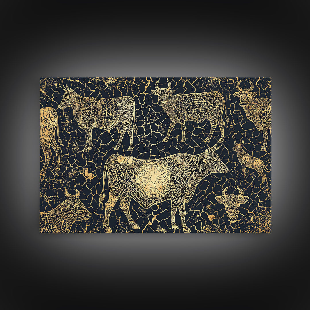 Gold Line Cattle On Cracked Black Canvas Print, African Tribal Art, Rustic Animal Pattern, Bold Ethnic Wall Decor, Home Decor