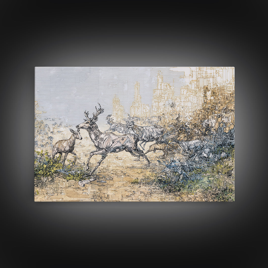 Leaping Antelope Beside Abstract City Skyline Wall Art, African Safari Art Print, Modern Nature Scene, Office Decor Gift