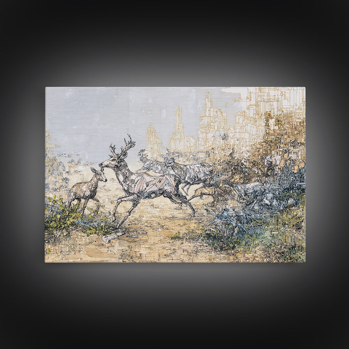 Leaping Antelope Beside Abstract City Skyline Wall Art, African Safari Art Print, Modern Nature Scene, Office Decor Gift