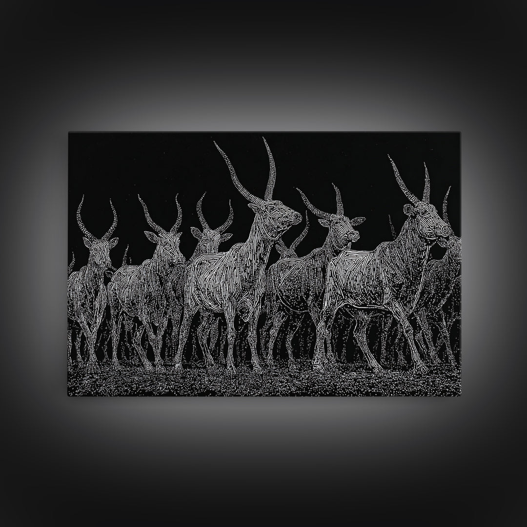 Black And White Ankole Herd At Night Canvas Print, African Animal Art, Minimalist Safari Decor, Bold Statement Wall Art Print