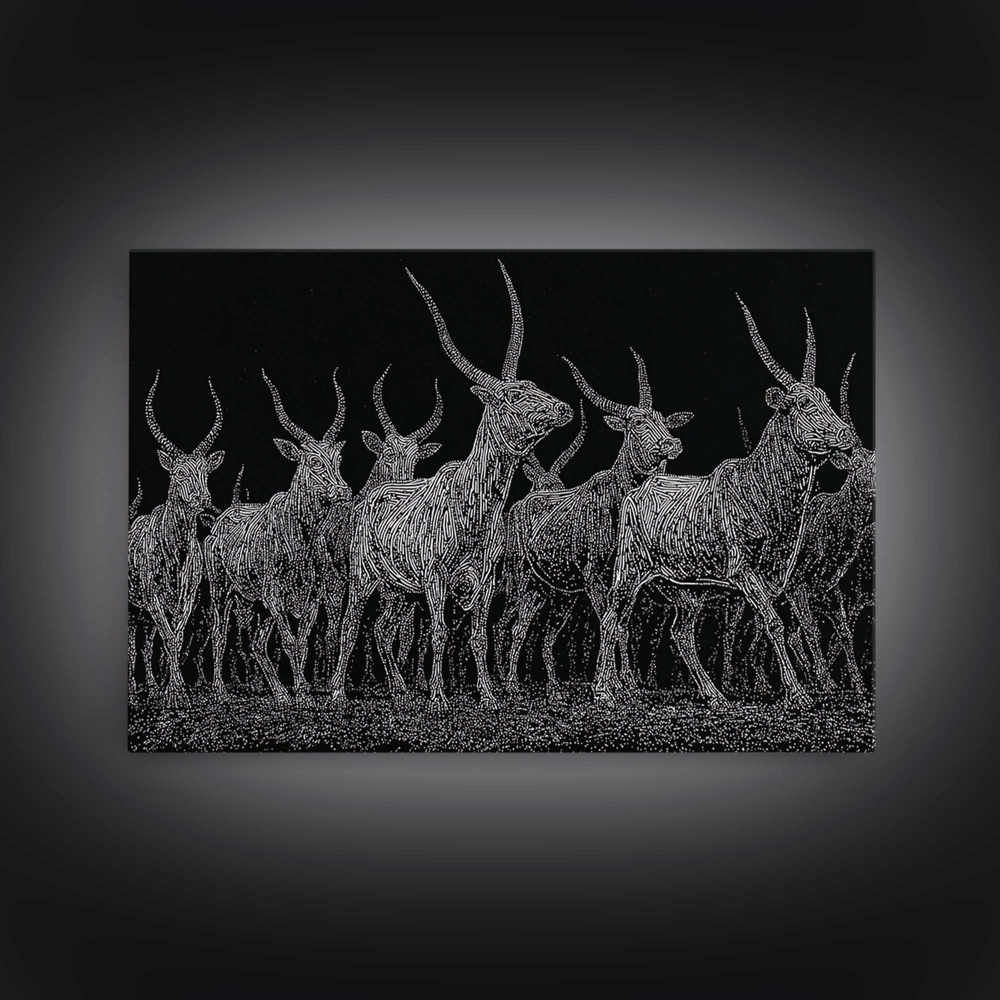 Black And White Ankole Herd At Night Canvas Print, African Animal Art, Minimalist Safari Decor, Bold Statement Wall Art Print