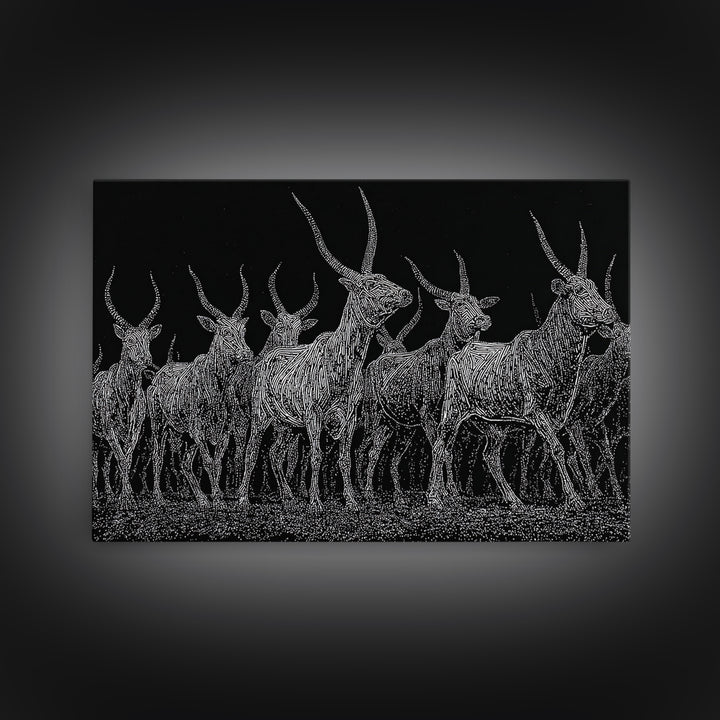 Black And White Ankole Herd At Night Canvas Print, African Animal Art, Minimalist Safari Decor, Bold Statement Wall Art Print