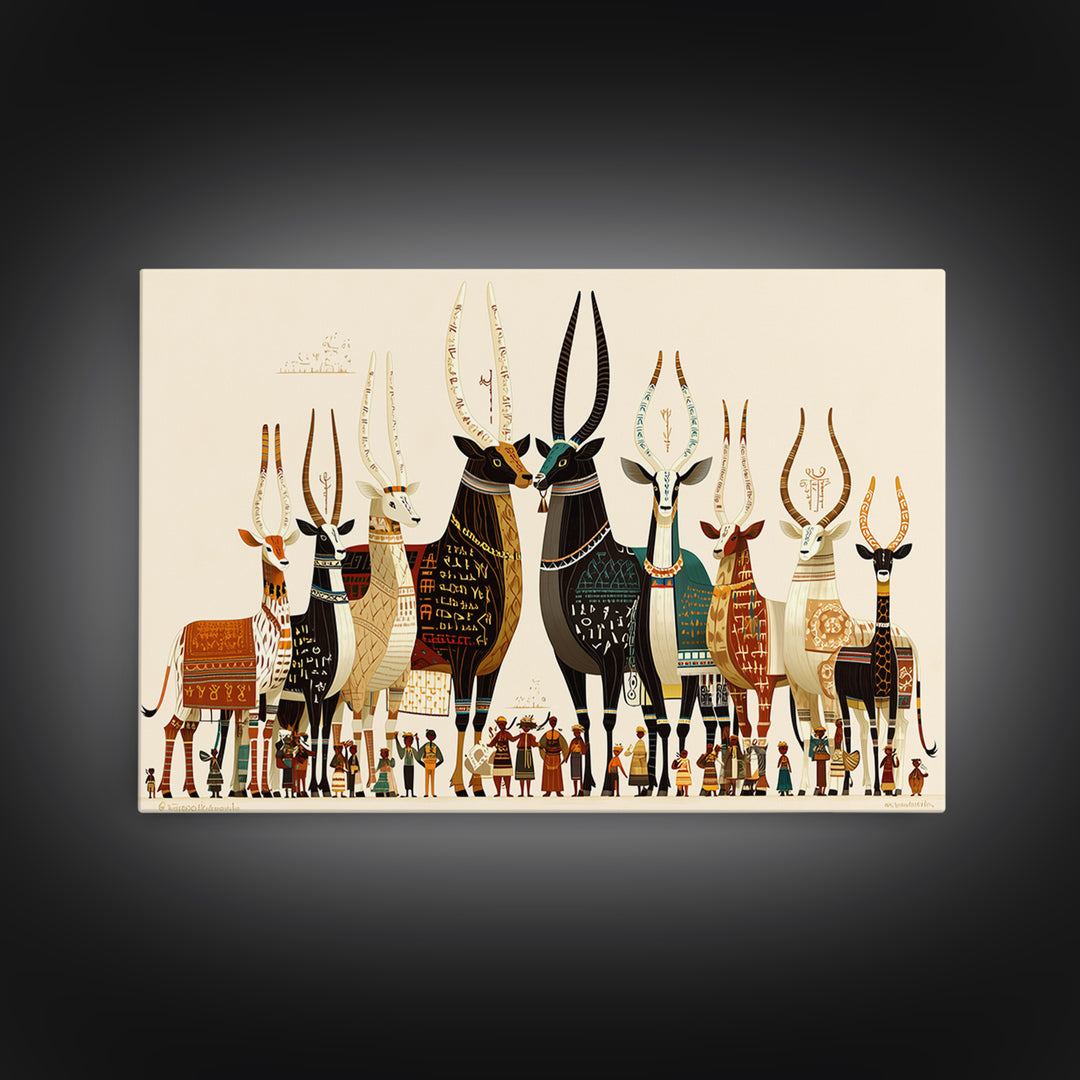 Stylized Sacred Cattle And Villagers Framed Canvas Print, African Egyptian Art, Tribal Culture Decor, Colorful Wall Art Print