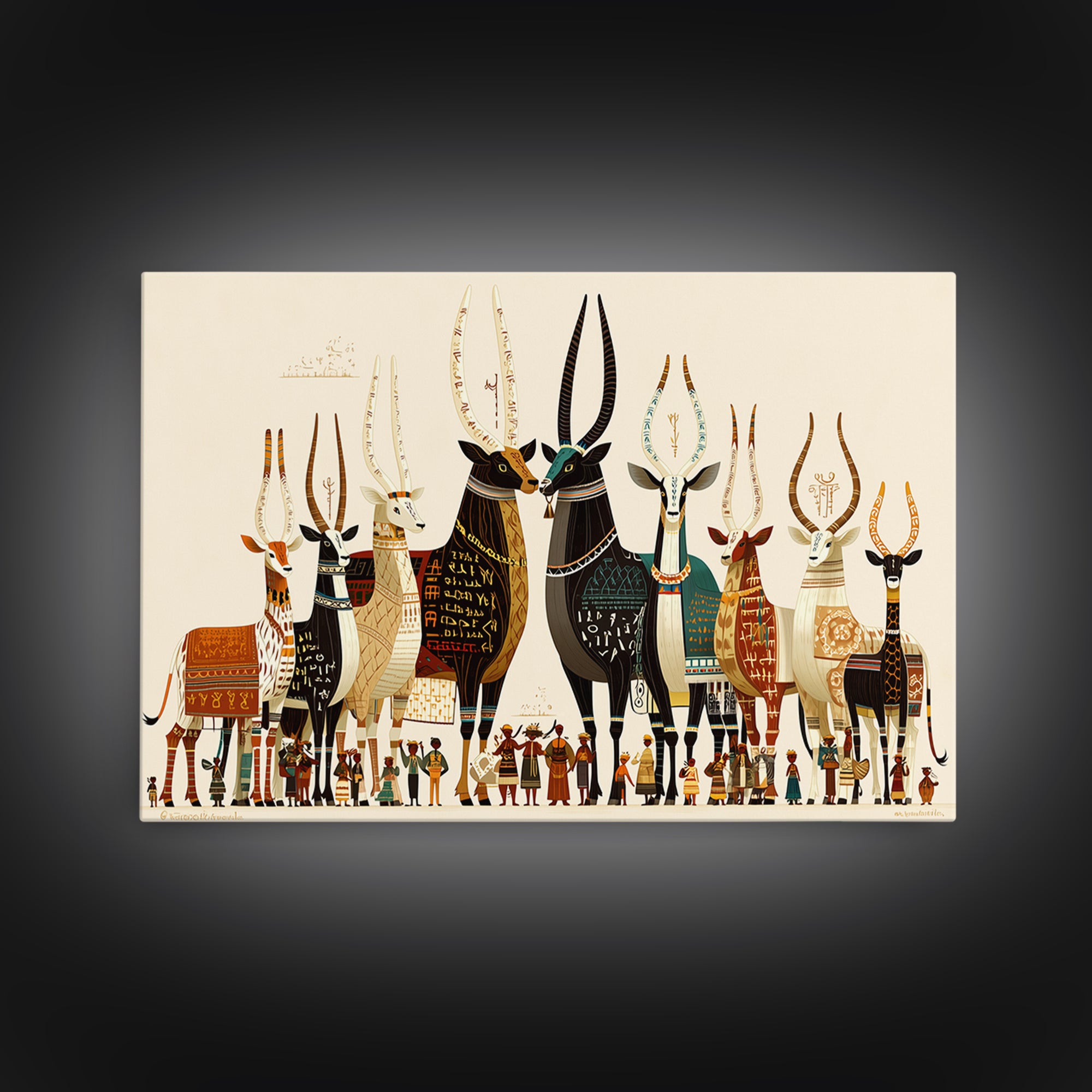 Stylized Sacred Cattle And Villagers Framed Canvas Print, African Egyptian Art, Tribal Culture Decor, Colorful Wall Art Print