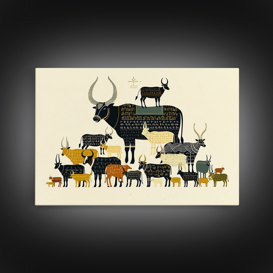 Stacked Sacred Cattle Hieroglyph Inspired Canvas Print, African Egyptian Art, Tribal Animal Decor, Unique Wall Art Print