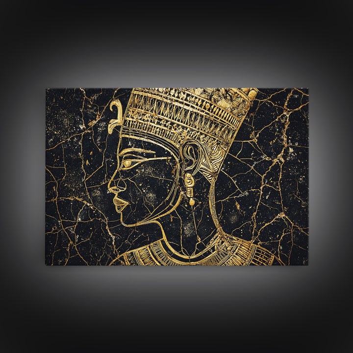 Gold Egyptian Queen Profile On Black Marble Wall Art, African Portrait, Afrocentric Decor, Black And Gold Cultural Home Decor