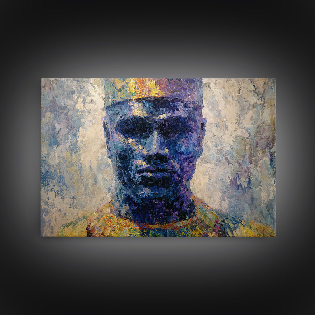 Blue Crowned African Man Portrait Canvas Print, Modern Afrocentric Art, Black Male Wall Decor, Textured Cultural Artwork