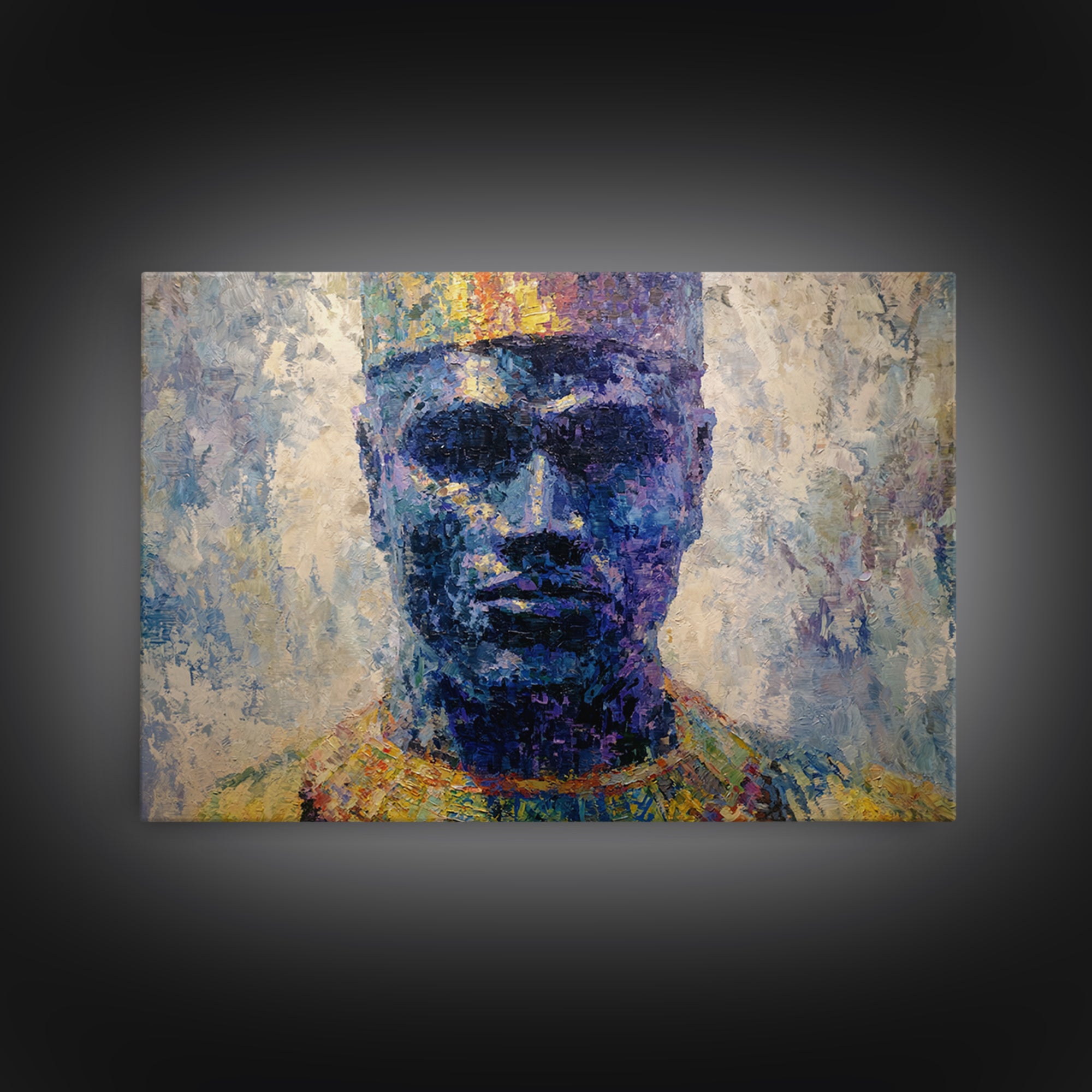 Blue Crowned African Man Portrait Canvas Print, Modern Afrocentric Art, Black Male Wall Decor, Textured Cultural Artwork