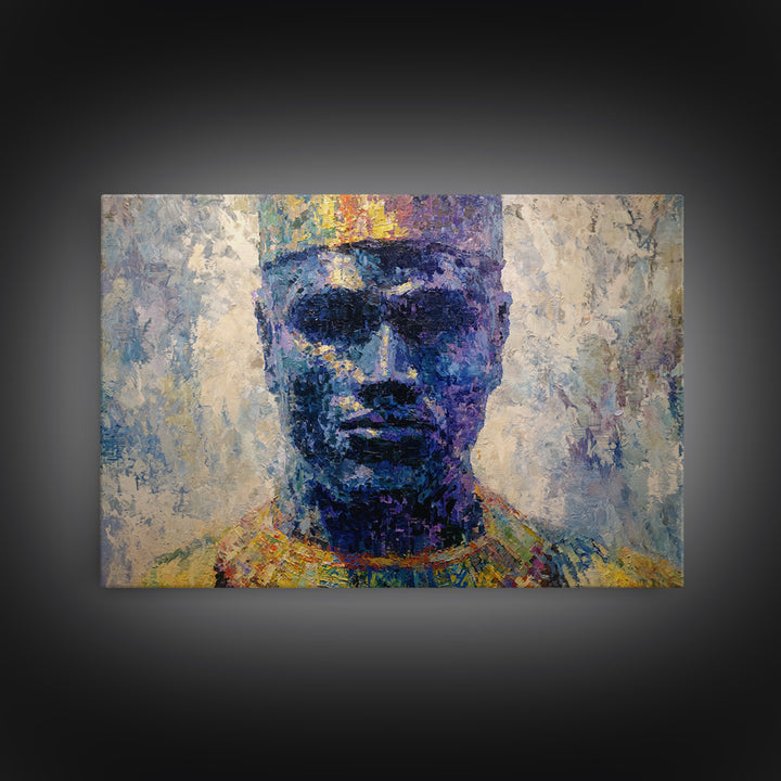 Blue Crowned African Man Portrait Canvas Print, Modern Afrocentric Art, Black Male Wall Decor, Textured Cultural Artwork