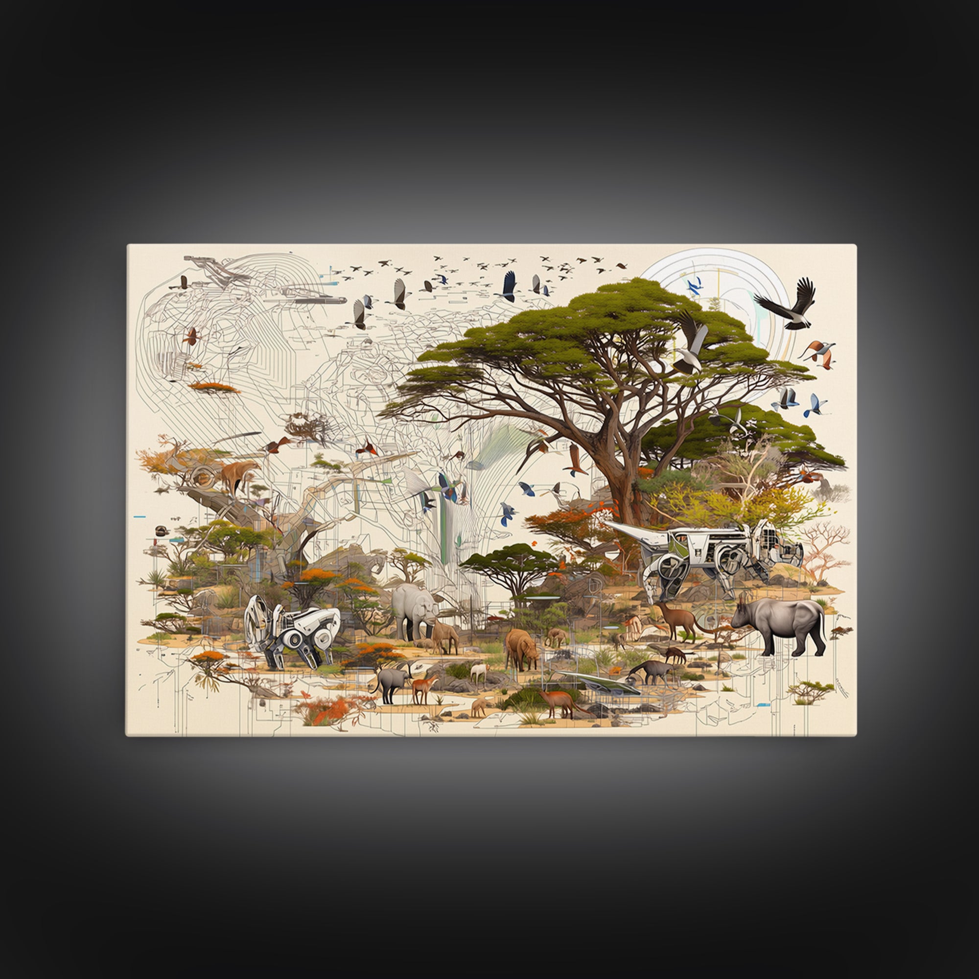 Acacia Safari Wildlife Collage Framed Canvas Print, African Animal Art, Serengeti Wall Decor, Nature Scene Living Room Decor